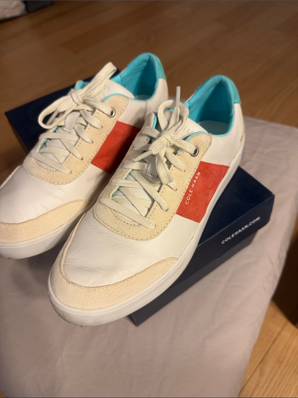Cole Haan White Leather Sneakers with Coral Stripe and Aqua Lining